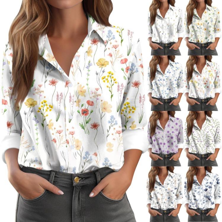 Women's Casual Floral Print Long Sleeve Button Down Shirt Top