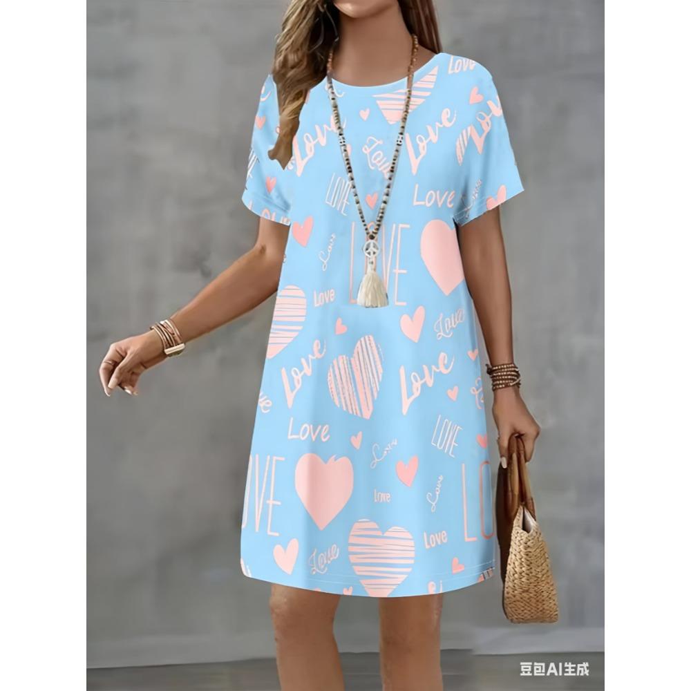 New love-themed printed dress, women's summer short-sleeved round-neck casual A-line skirt