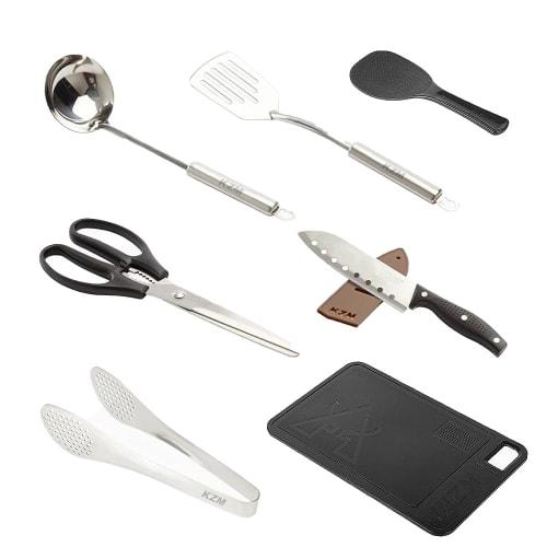 KZM Chef Kitchen Tool Set, Kitchen Utensils Set with Knife, Scissors, Ladle, Cutting Board, Rice Paddle, and Spatula, Perfect for Camping and Outdoors