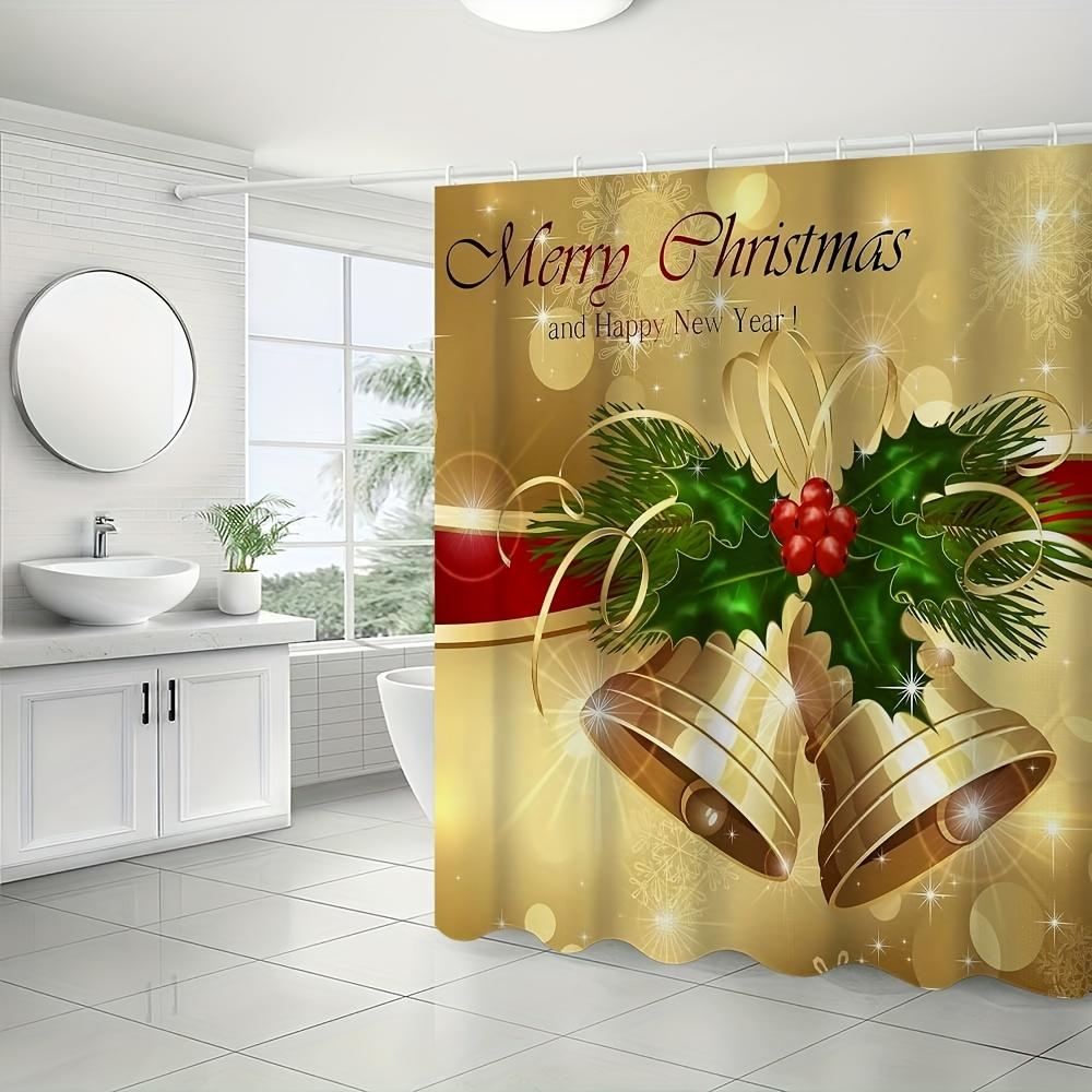 4Pcs Bathroom Shower Curtain Set Golden Christmas Bell Pattern Bathroom Curtain With 12 Hooks Non Slip Rugs Toilet Cover Mat Bathroom Partition