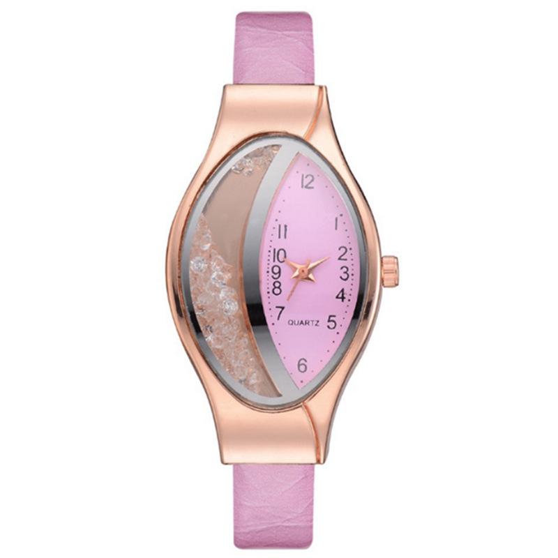 Fashionable Women's Rhinestone Leather Strap Watch with Flowing Sand Design