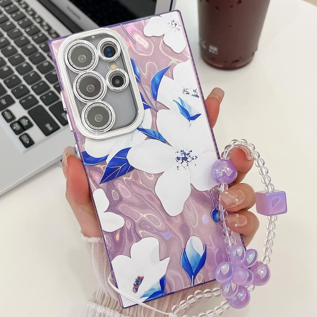 Samsung S25 Ultra Mobile Phone Case Laser Texture Flower and Grass Lens Film S24FE Bracelet A56 Electroplated Hard Shell