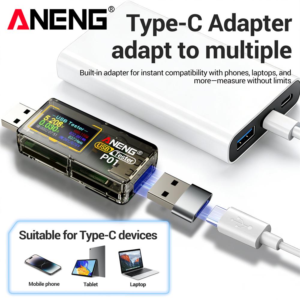 Digital USB Tester Voltage Current Capacity Tester Voltage Display 4-30V Multi-function Fast Charging Detector Monitor ANENG P01