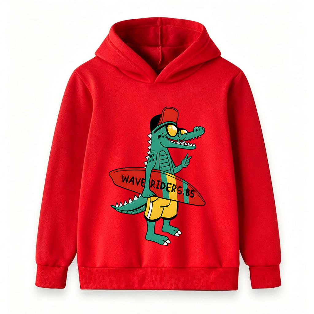 Kids Boys Girls Hoodie, Cool Cartoon Crocodile Surfer Wave Riders Pattern Pullover Hooded Sweatshirt, Casual Long Sleeve Lightweight Top for Daily Hol