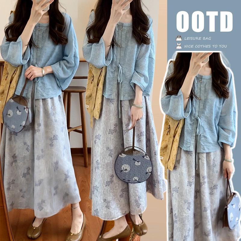 Spring/Summer 2026 Women s Elegant Blue Maternity Two-Piece Set: Chinese Style Relaxed Shirt & Skirt M