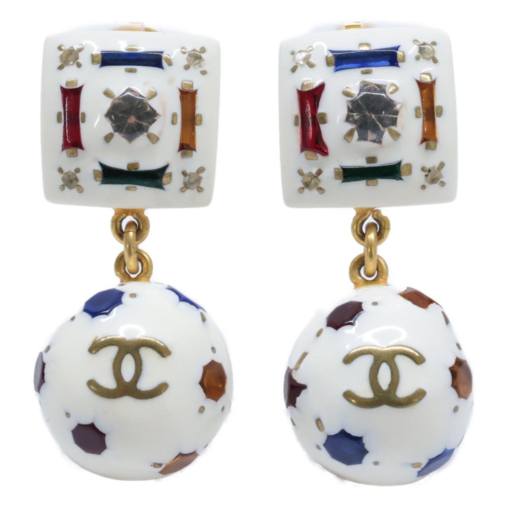 CHANEL [Excellent Condition] 98P CC Logos Soccer Ball Motif Multi-Stone Earring Gold / WhiteUsed