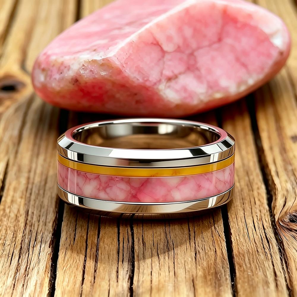 Fashion 8Mm Men Stainless Steel Rings with Pink Marble Stone Inlay Rings for Men Women Wedding Band Jewelry Gift Drop Shipping