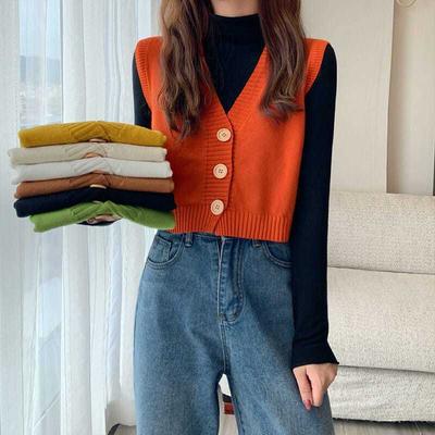 Cardigan Nuevo para Mujer Otoño Primavera Pin de Caballo Sin Mangas Tejido Holgado Cuello en V Exterior Chaleco Corto Chaqueta