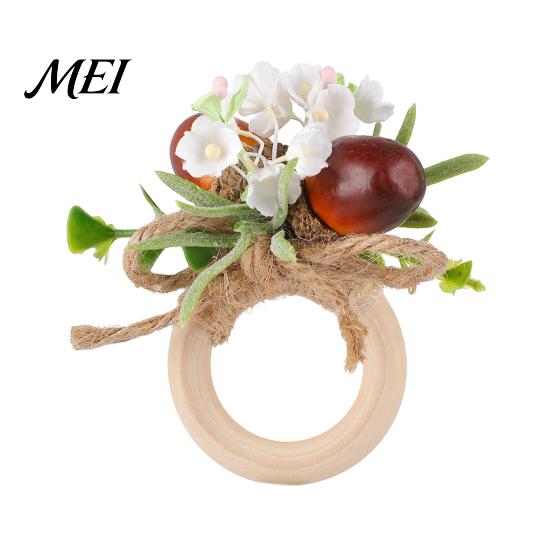 Harvest Party Supplies Artificial Rosemary Napkin Ring, Wooden Ring Holder with Faux Acorns Decorative Bands Flowers, Autumn Rustic for Farmhouse