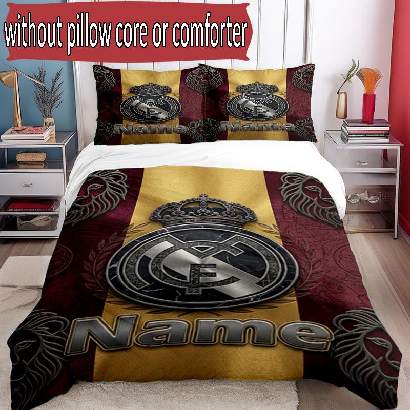 3-teiliges Bettbezug-Set (1 * Bettbezug + 2 * Kissenbezug, ohne Kern), Benutzerdefiniertes Namens-Bettwäsche-Set mit Real Madrid CF-Muster, Geschenk für die Heimschlafzimmer-Dekoration