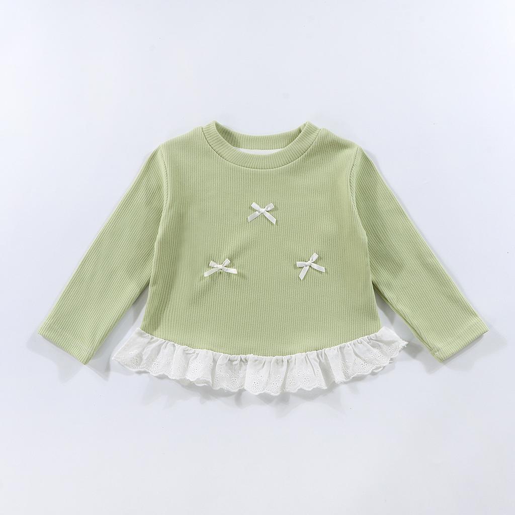 Girls Spring Base Layer Versatile Long-Sleeve Lace Round-Neck Top with Bow Korean-Style Outerwear for Girls