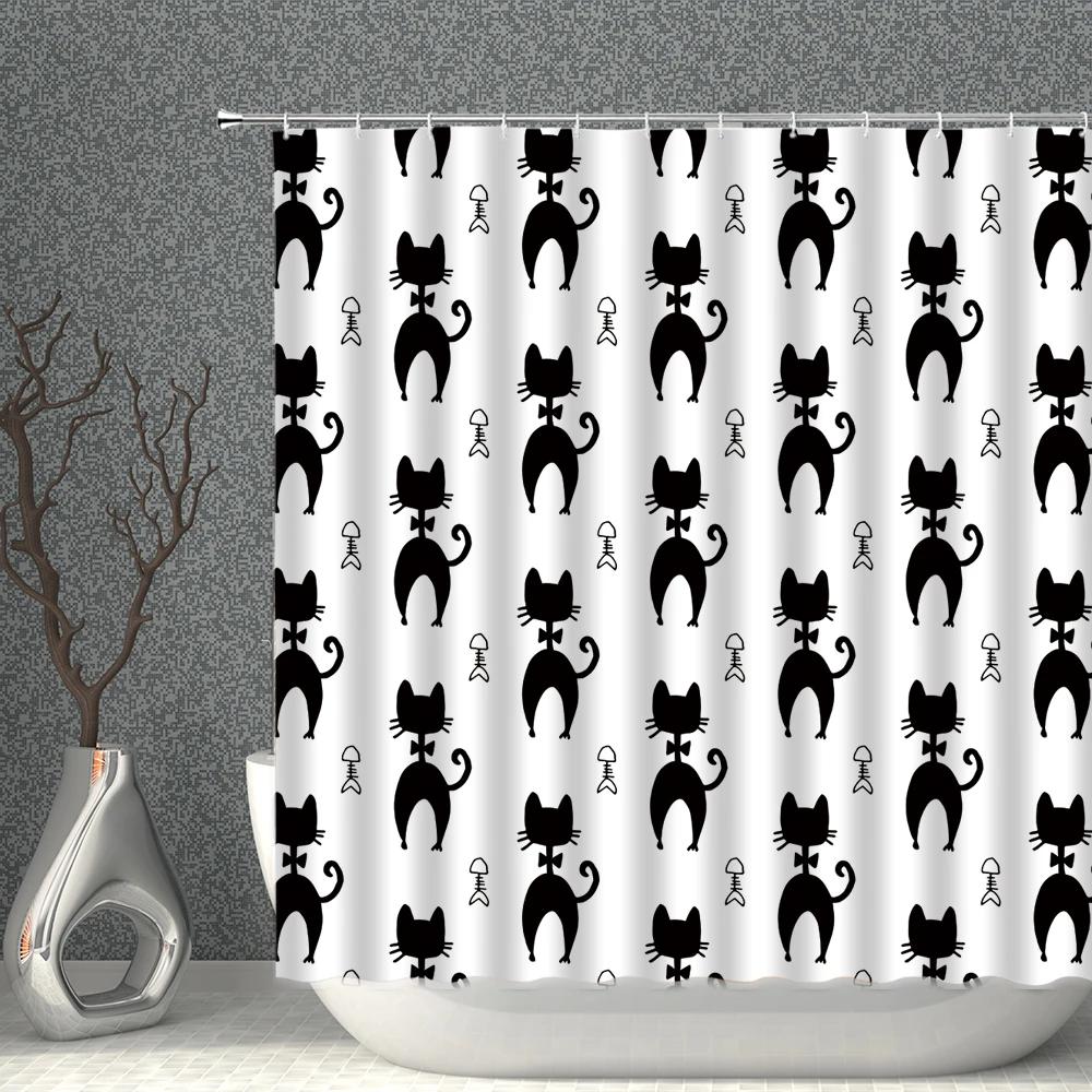 Cartoon Cat White Shower Curtain Waterproof Pattern Print Polyester Bath Curtains Multi-Size With Hooks Bathroom Screen Decor
