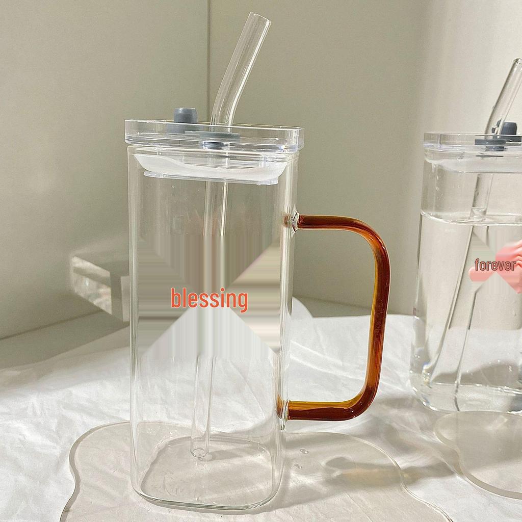 Minimalist Transparent Square Glass Cup with Bow Handle and Straw - High-Temperature Resistant for Coffee or Milk