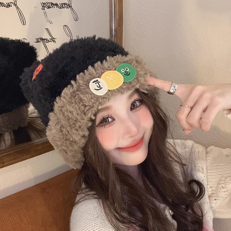 

Dopamine Plush Hat Winter Warm Wool Hat Korean Style Versatile Face Showing Small Knit Hat Big Head Hat Women M（56-58cm）