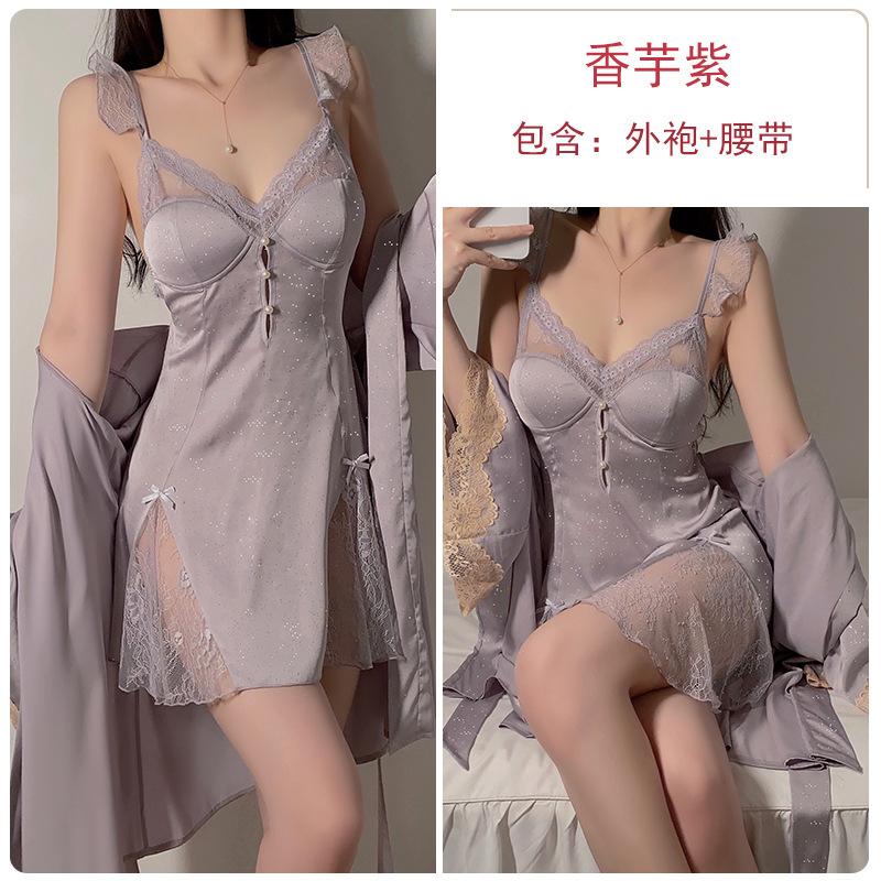 Women's Shimmer Satin Lace Sheer Padded Backless Sleep Dress with Robe Lounge Set
