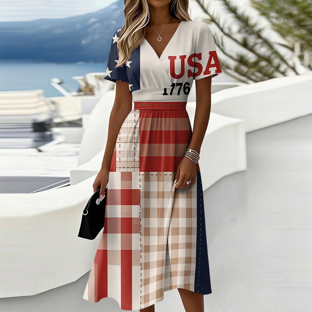 Women's Independence Day Print Casual Fashion Short Sleeve V-Neck Dress