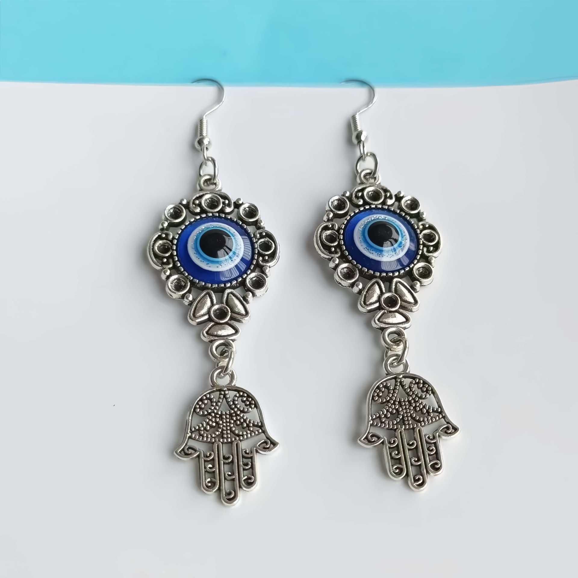 Bohemian Blue Evil Eye & Fatima Hand Drop Earrings