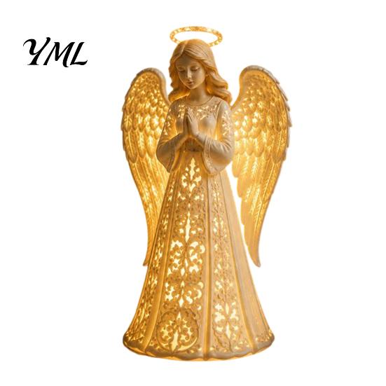 Collectible Resin Angel Figurine Guardian with Warm LED Light for Christmas Decor, Praying Peaceful Keepsake Memorial Lamp Statue Tabletop Night Home