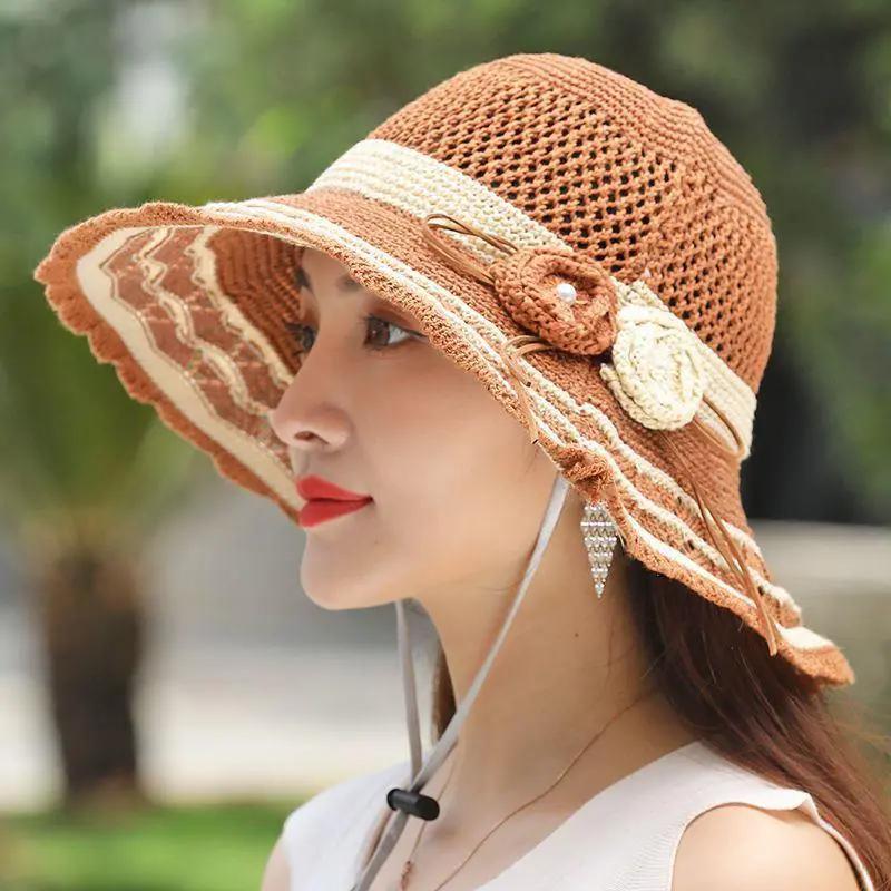 

WTEMPO Женские весенне-летние вязаные солнцезащитные шляпы с ветрозащитной веревкой, повседневные, с широкими полями, дышащие, складные, пляжные солнцезащитные шляпы 1pc кофейный