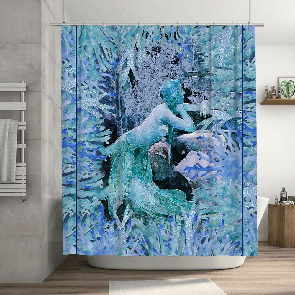 Luxury Watercolor Bath Curtain Blue Mermaid Design for Bathroom Decorations Home Accessories Shower Curtains in Green Blue Color