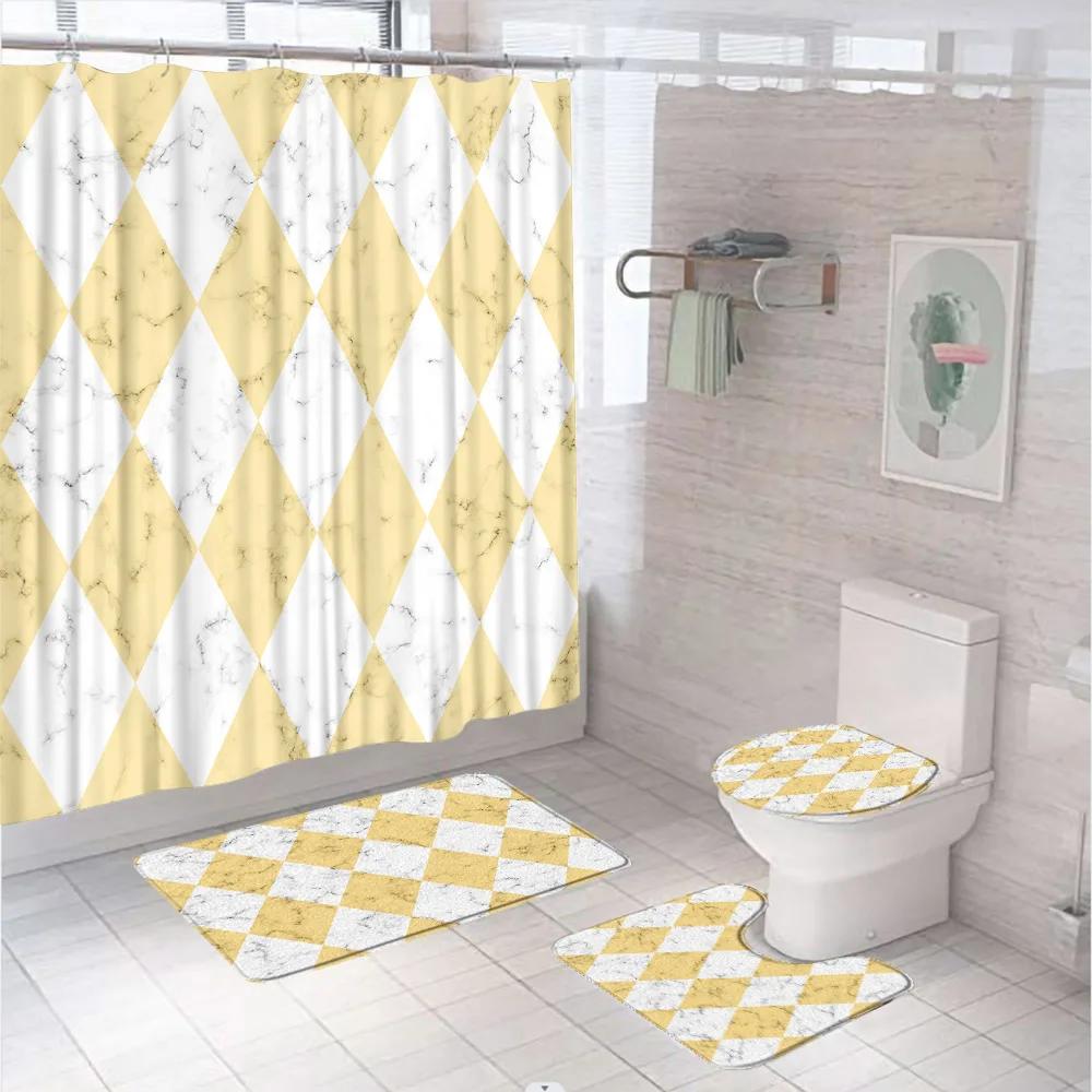 Marbling 3D Shower Curtains Luxury Marble Blue Golden Veins Bath Mats Set Pedestal Rug Toilet Cover Bathroom Curtain With Hooks