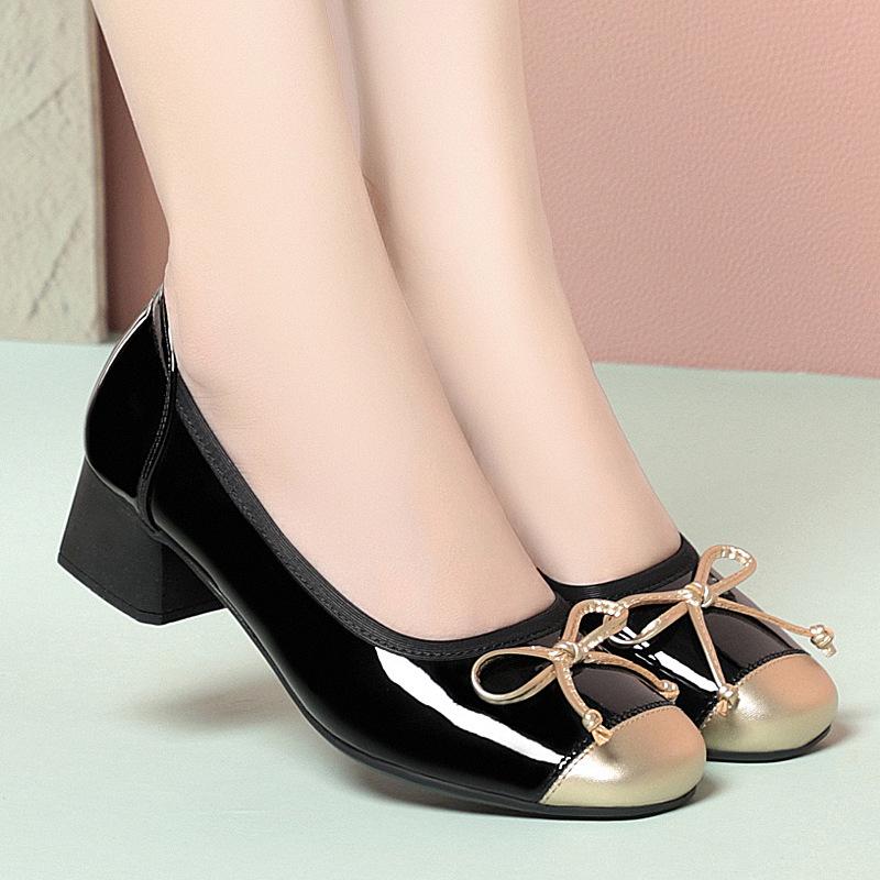 Bowknot Genuine Leather Round Toe Gold and Black Shallow-mouth Single Shoes One-step Elegant Mary Jane Single Shoes