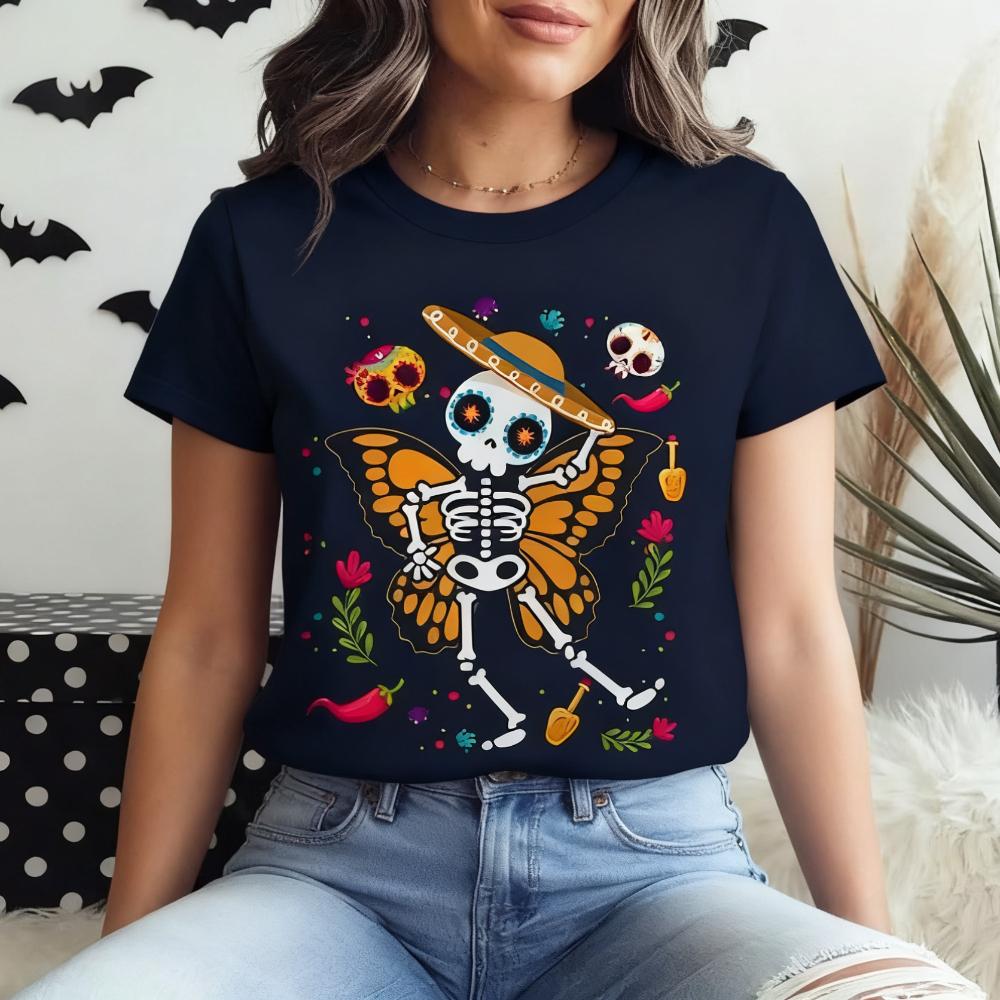 Day of The Dead Tshirt Sugar Skull Skeleton Monarch Butterfly TShirt Flowers Skull Shirt Dia De Los Muertos Tee Women Casual T