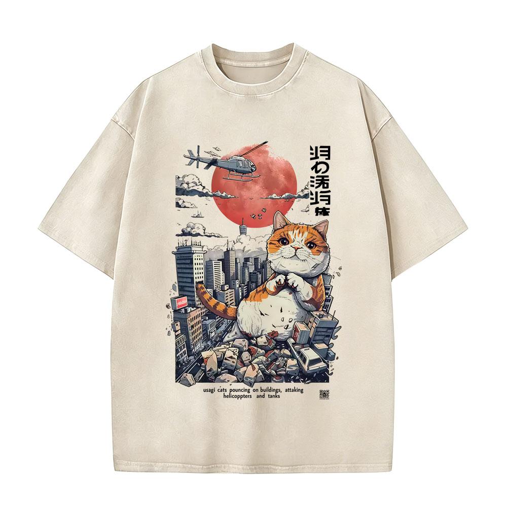 

Japanese Cat Funny Vintage Washed Tshirts Men Women Casual Humor Style Short Sleeve Tee Shirt Unisex Oversized Cotton T Shirts S
