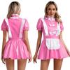 Womens Naughty Maid Uniform Clubwear Glossy Patent Leather Maid Cosplay Dress Ruffles Trims Bow Apron Puff Sleeve A-Line Dress