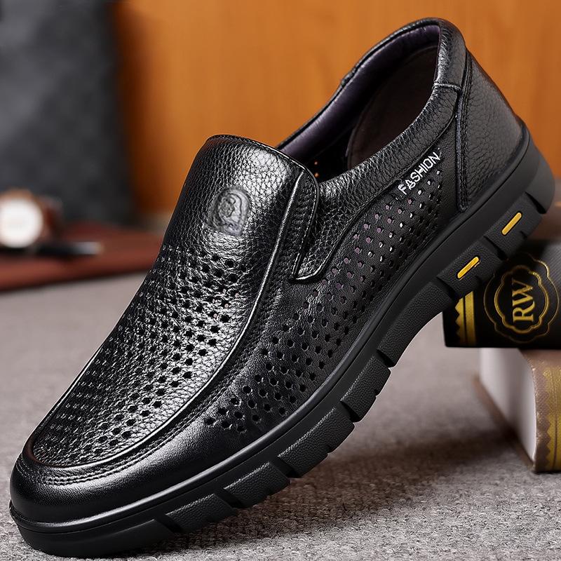 Men's Genuine Leather Slip-On Business Casual Shoes - Soft Sole for Middle-Aged & Elderly, New Spring & Autumn Cowhide Dad Style.