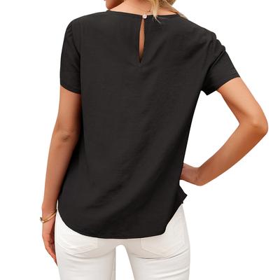 Women Ruffled Keyhole Back Round Neck Short Sleeve Blouse