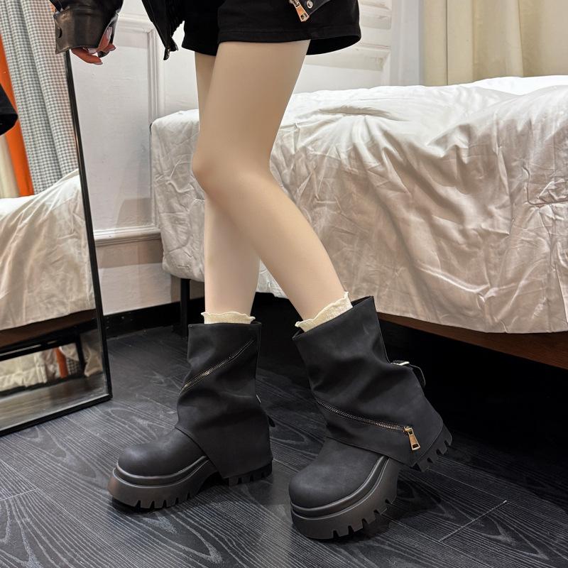European big head zipper platform muffin Martin boots locomotive boots niche hot girl trouser tube stacking boots small women's shoes