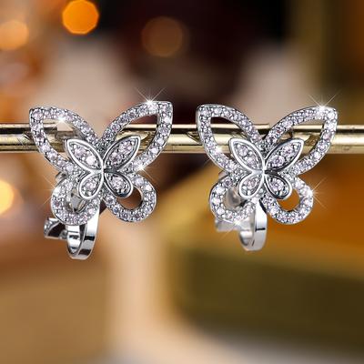 Orecchini a clip a farfalla piccoli alla moda per le donne senza foro per l'orecchio, orecchini da sposa in zircone rosa color argento, gioielli senza piercing