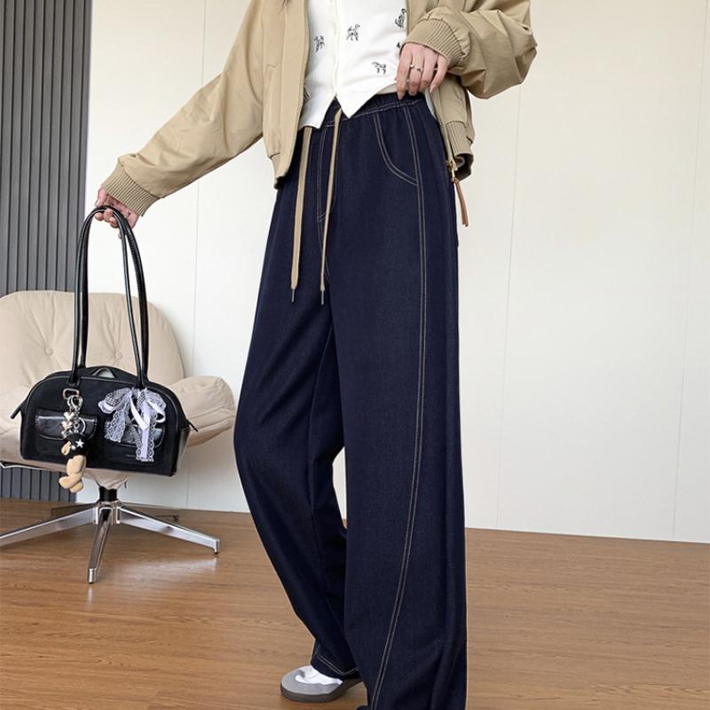 Dark Blue Imitation Tencel Jeans for Women, Spring/Summer New High-Waisted Slimming Plus Size Straight Loose Wide-Leg Pants