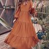 Women Spring Fall Dress Round Neck A-line V Neck Pleated Long Sleeves Solid Color Big Swing Dating Shopping Vacation Maxi Dress