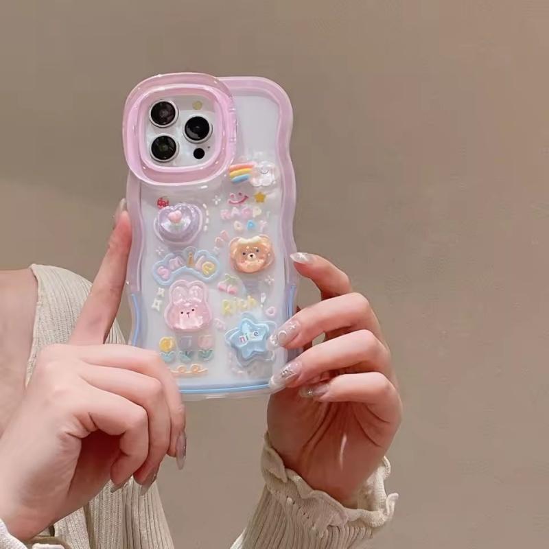 Cartoon 3D Bracket Phone Holder Case For IPhone 16 15 14 13 12 11 Pro Max Plus X XS XR Rainbow Love Heart Holder Stand Cover