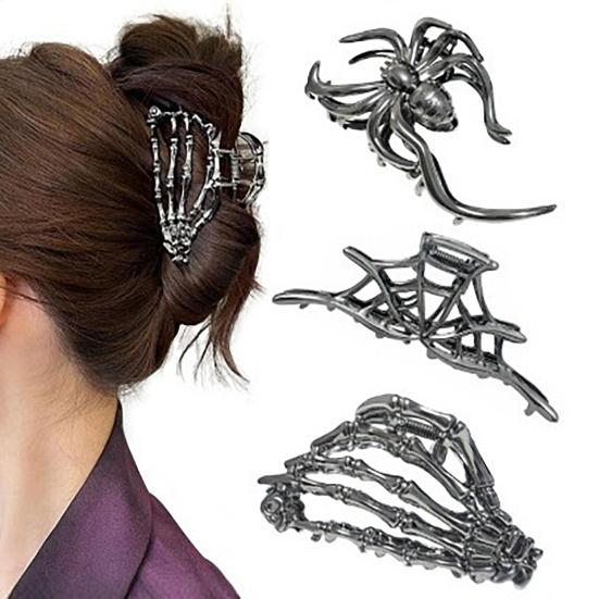 Halloween Hair Claw Black Spider Web Skeleton Hand Bat Shape Hair Clip Anti-slip Teeth Back Head Shark Hair Clip Styling Accessory