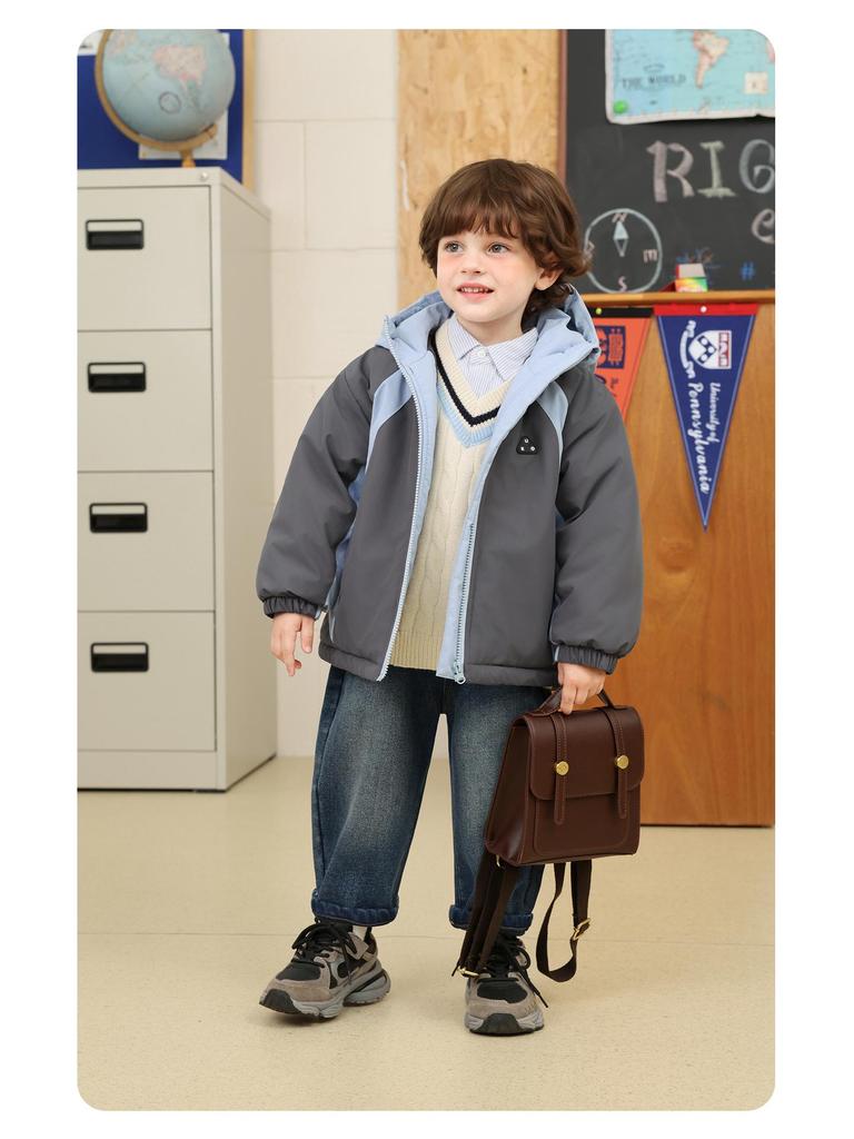 2025 New Boys' Color Block Waterproof Hooded Cotton Jacket with Fleece