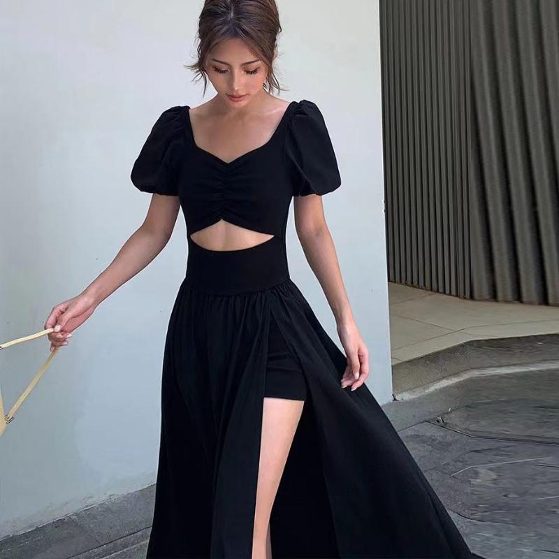 French Hollow Out Short Sleeve Black Maxi Dress Women Vintage Warm Square Collar A Line Dresses Female Summer Chic Vented Party Clothes Lady