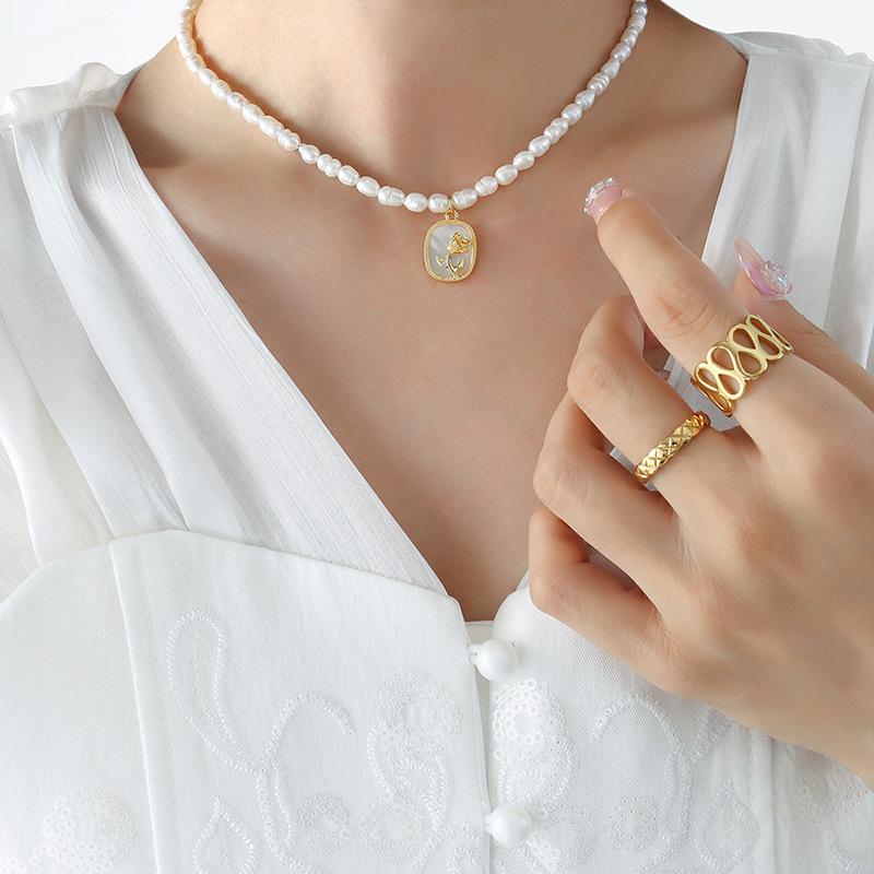 French Baroque Freshwater Pearl Necklace with Zircon Oval Pendant & Colorful Shell Flower Embossing
