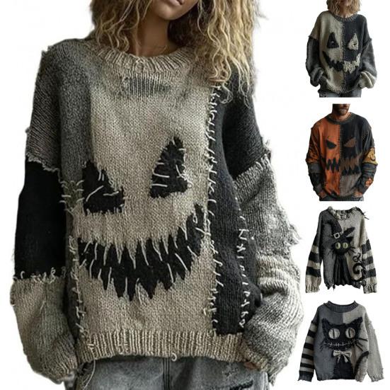 Halloween Skummel Ansikt Genser for Kvinner Patchwork Trykk Strikket Genser Topp Langermet Rund hals Sydd Høstantrekk