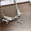 Silver Wing Crucifix Tassels Leather Choker Necklace Adjustable Length Clavicle Chain Stylish Accessory for Trendy Youth