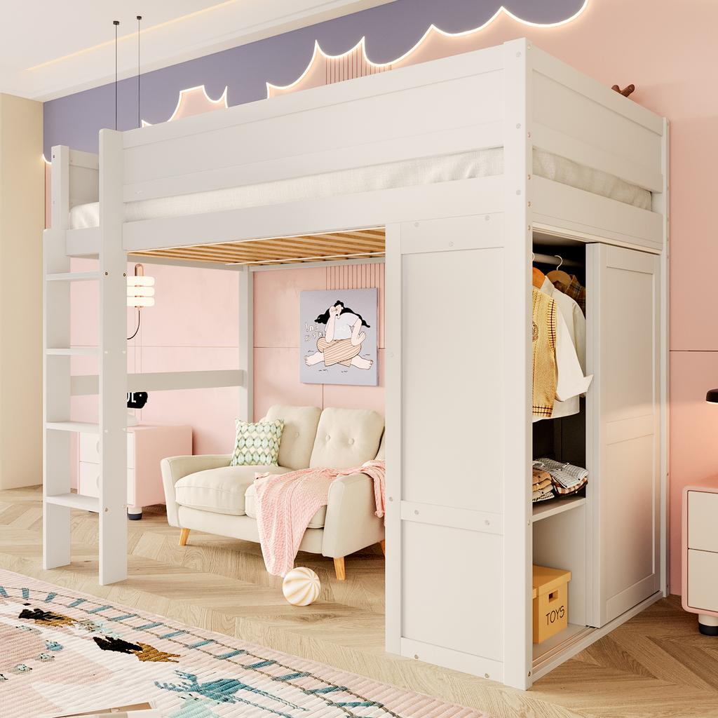 90*200Cm loft bed, versatile children's bed, equipped with wardrobe, storage compartment, open under-bed space, without mattress, pine wood, white