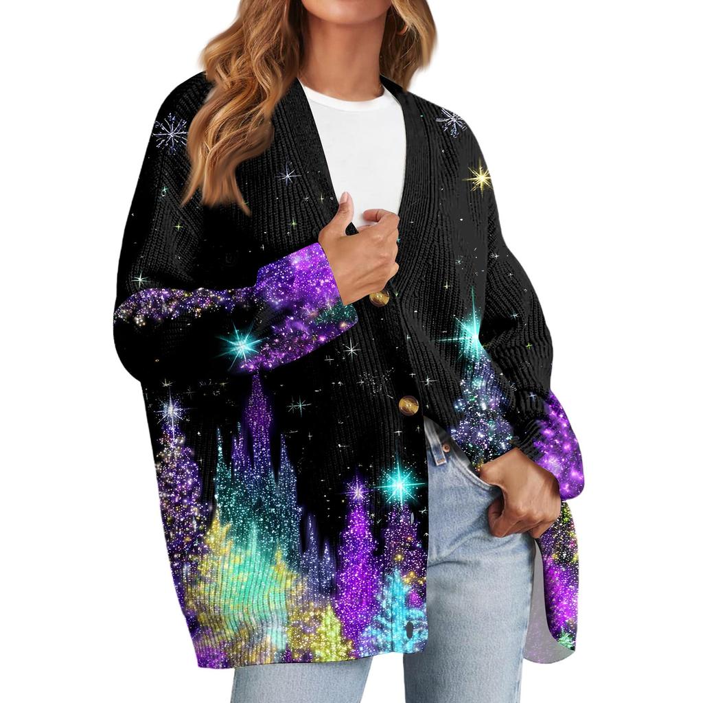 Women's Fashion Long Sleeve Christmas Print V-Neck Button Loose Cardigan Top
