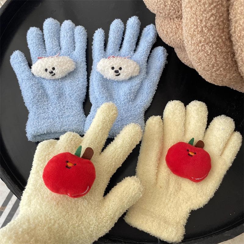 Cute Curly Dog Red Apple Gloves Plush Coral Fleece Cold-Proof Gloves Student Winter Warm Five-Finger Gloves Girl Christmas Gifts