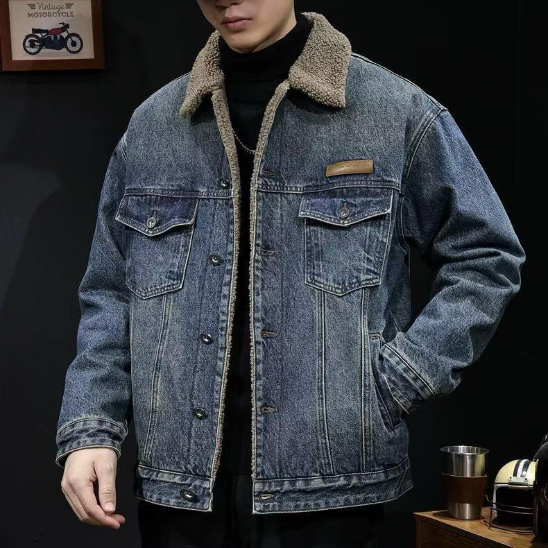 Herren American Retro Samt-Denimjacke - Dick, Warm Lammwolle Winter Arbeitskleidung Mantel