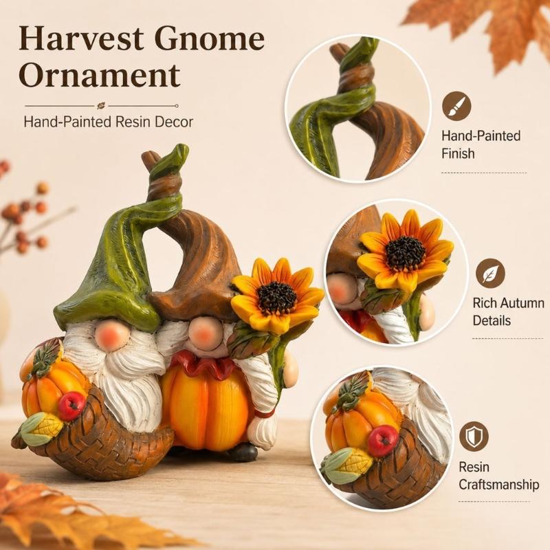 Holiday Table Accent for Thanksgiving, Small Dwarf Figurine with Gourd Body and Flower Trim for Shelf, Book Shelf or Entry Display, Approx. 4.5 x 4.5