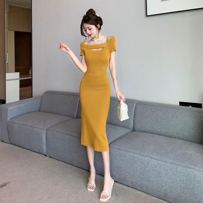 Sexy Off-the-shoulder Hollowed-out Thin Tencel Smoothie Knitted Dress for Women's Summer New Waist and Thin Hip Skirt Long Skirt