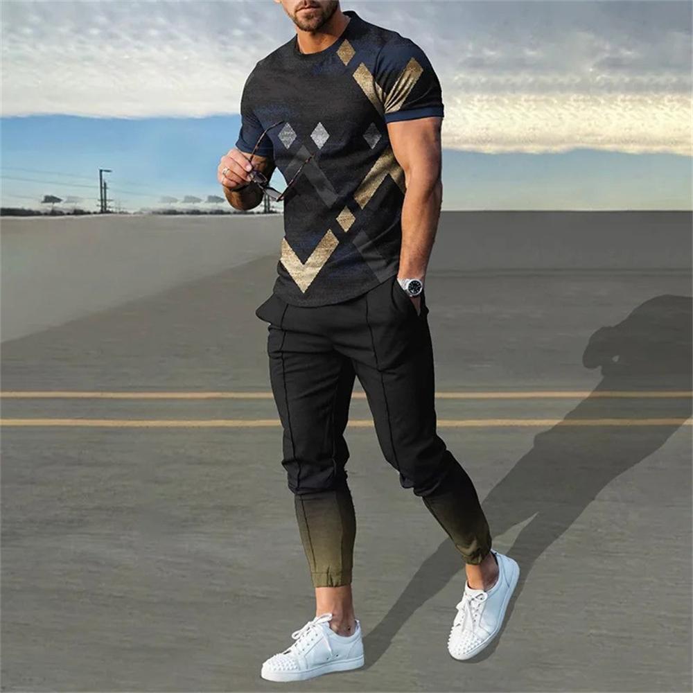 2024 Fashion Men Tshirt Suit Tracksuit 3D Printed Sportswear Short Sleeve T-shirt Long Pants Streetwear 2 Piece Set Male Clothes