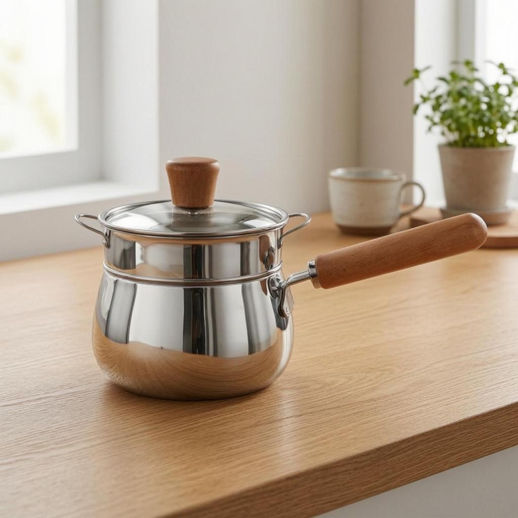 Stainless Steel Milk Saucepan Even Heating Pan with Wooden Handle Uncoated